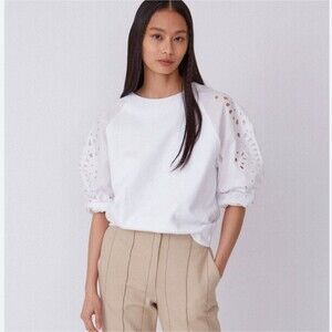Thakoon Cotton Crew Eyelet Embroidered Balloon Sleeve Sweatshirt White Small